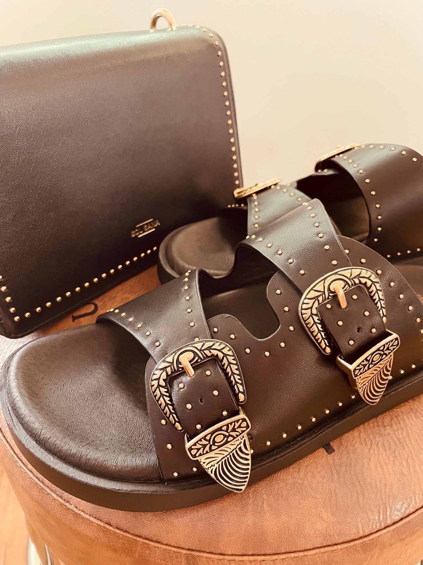 Eastwood Stud Footbed in Black/Gold by Sol Sana