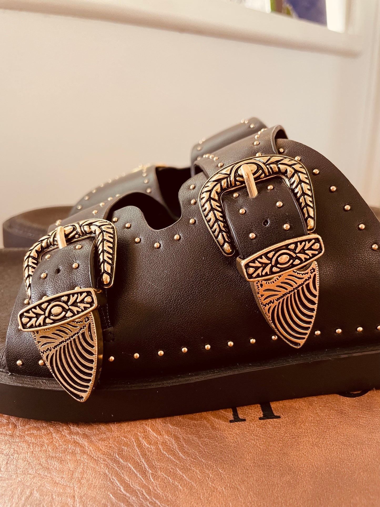 Eastwood Stud Footbed in Black/Gold by Sol Sana
