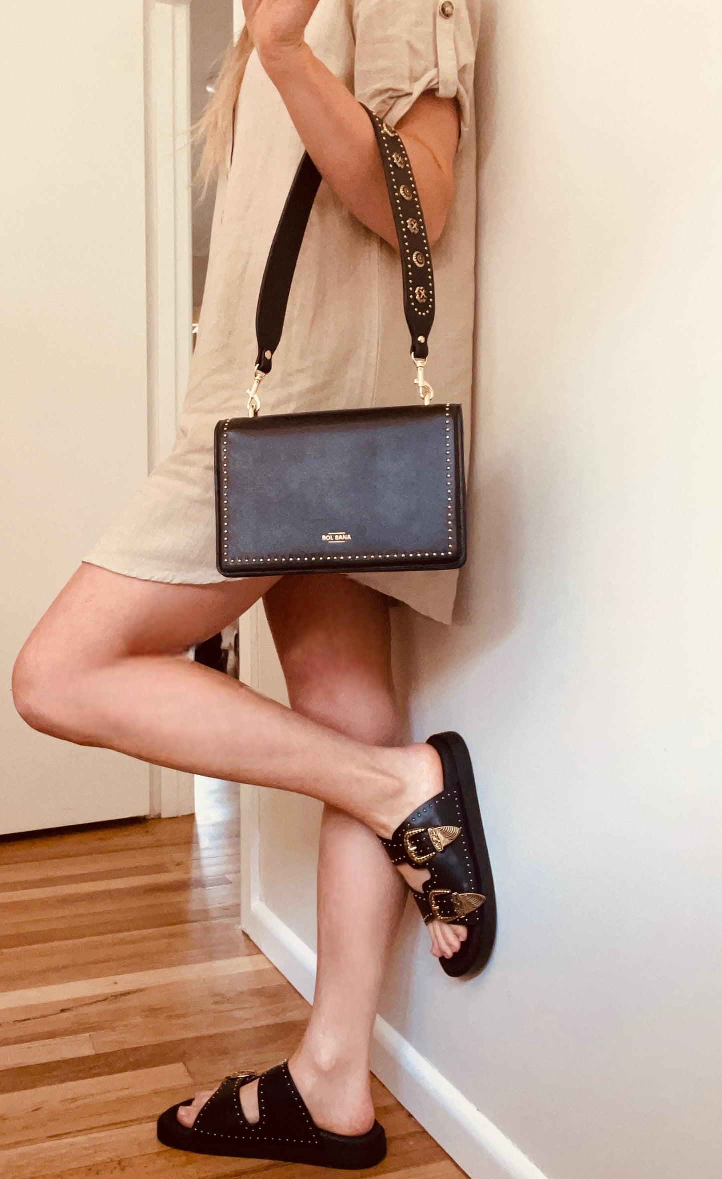 Eastwood Stud Footbed in Black/Gold by Sol Sana