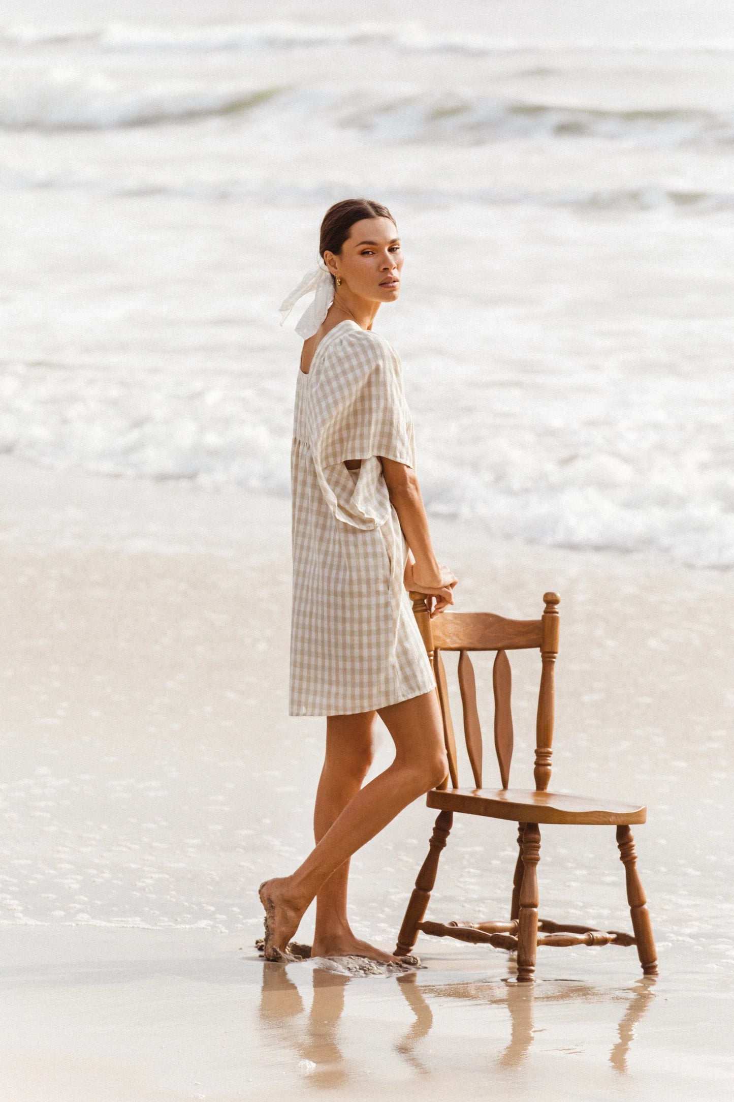 Kimono Sleeve Mini Smock Dress- Sage Gingham