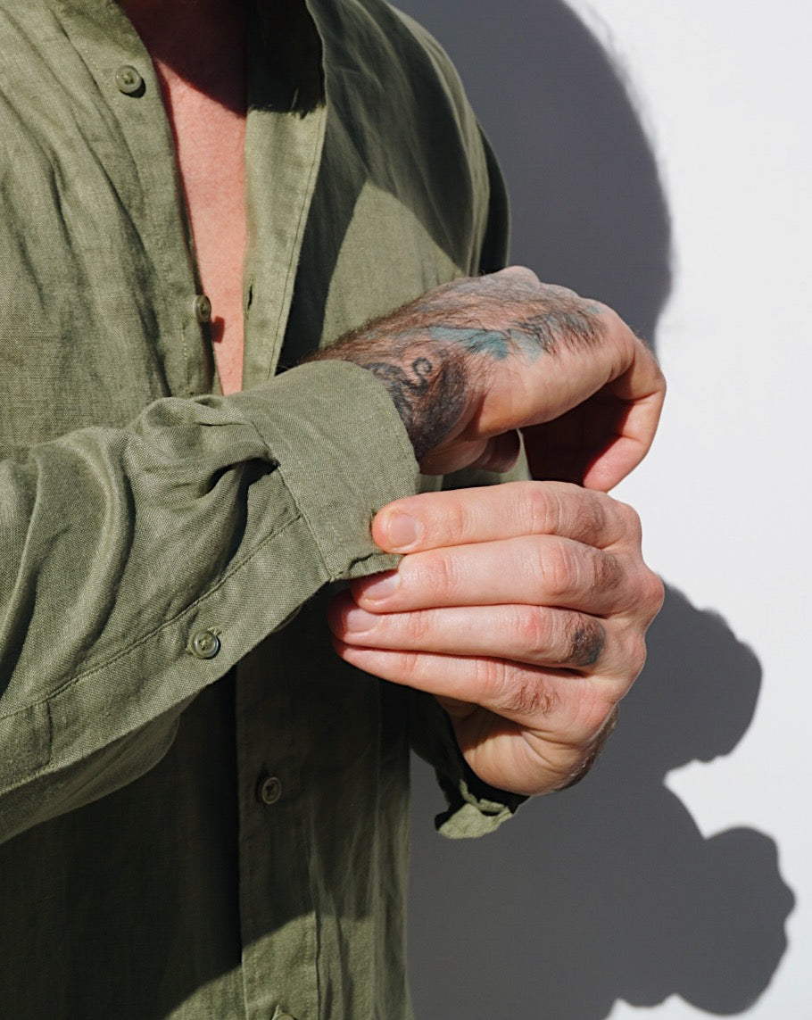 One left- Olive Long Sleeve 100% Linen Shirt