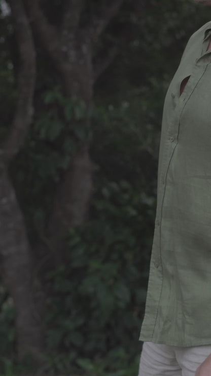 One left- Olive Long Sleeve 100% Linen Shirt